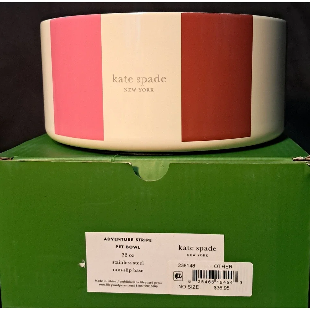 Kate Spade Pet Bowl Adventure Stripe Stainless Steel Non-Slip‎ 32 oz
